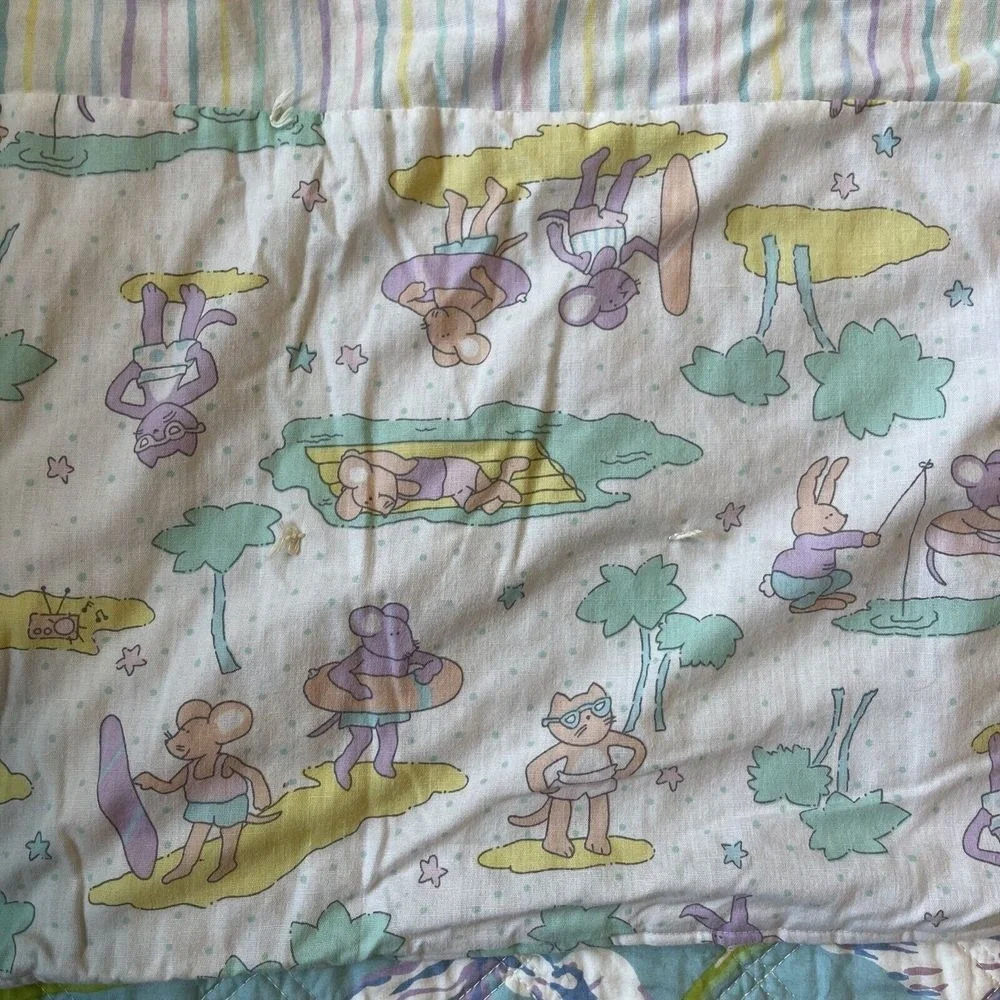 Vintage Carters Baby Blanket Bunny Cat Sheep Mouse‎ Quilt Pastel Spring Stripe